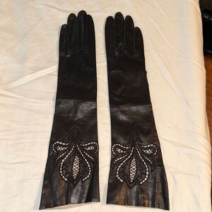 Vintage NWOT‎ Dead Stock Long Black Leather Gloves with Embroidered Design